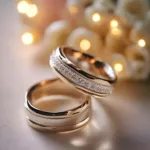 حلقه‌های ازدواج همراه با گل و پشت زمینه سفید