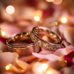 حلقه‌های ازدواج همراه با گل و پشت زمینه صورتی