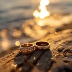 حلقه‌های ازدواج همراه با پشت زمینه دریا